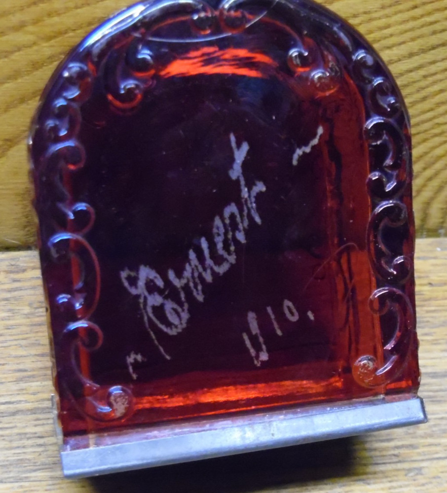 Antique Flash Ruby Clock Candy Container - Ernest 1910 - 3 1/8"