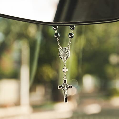Intercession Hematite Car Rearview Mirror Medal Ornament St Benedict