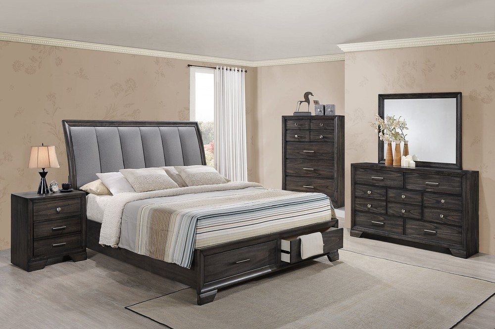 5Pc Queen Size Platform Storage Footboard Bed Set Dark Gray Finish Solid Wood
