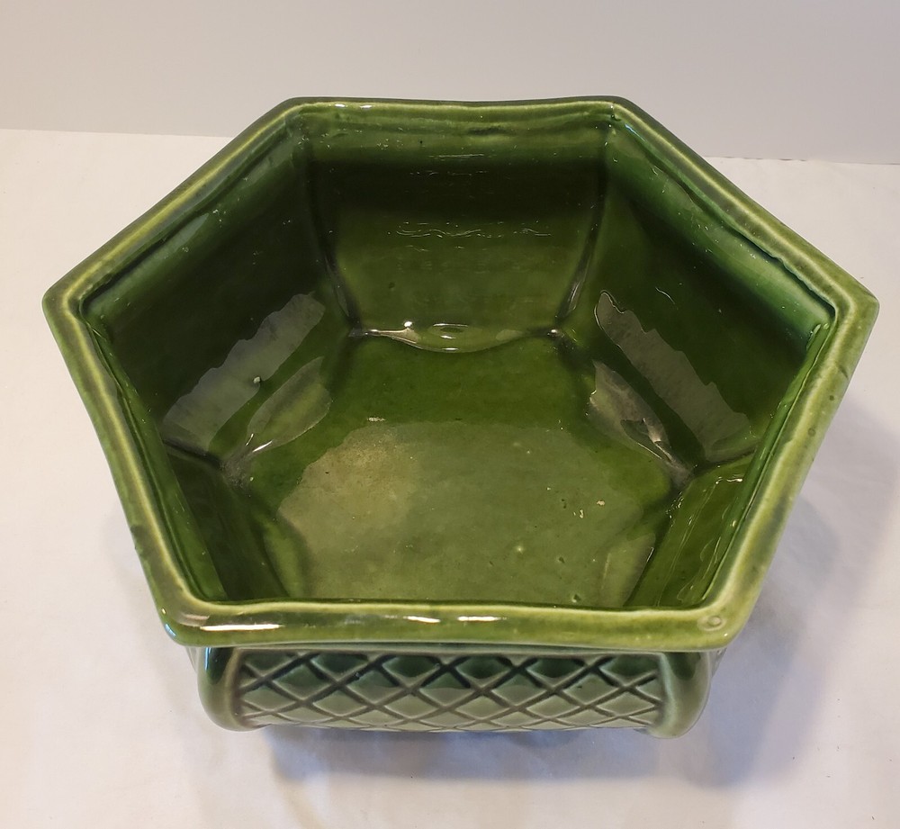 Vintage Haeger Green Diamond Patterned Planter 6 sided Hexagon #8793