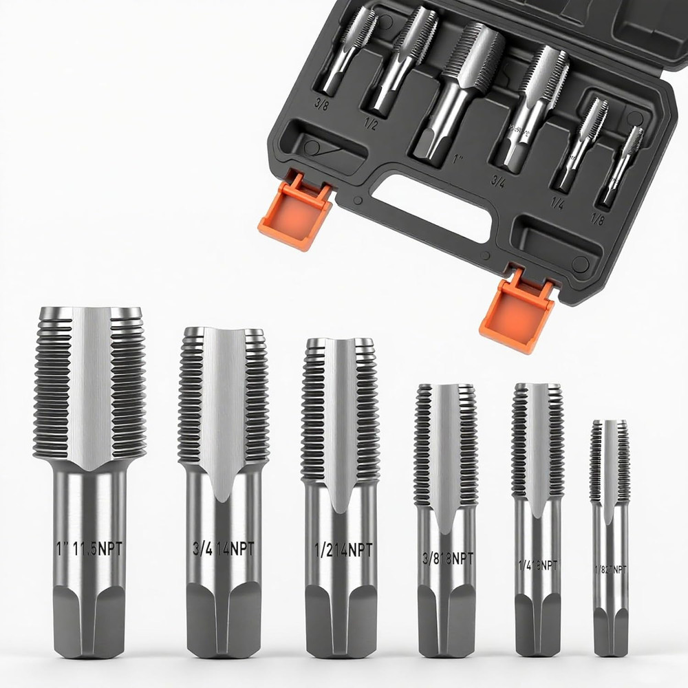 6-Piece NPT Pipe Tap Set, Carbon Steel Threading Tool Kit for Pipe Taper Threads