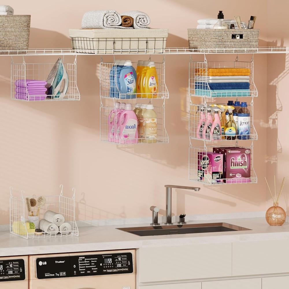 Space-Saving Laundry Organizer with 360° Rotating Hooks - 3-Tier Metal Baskets
