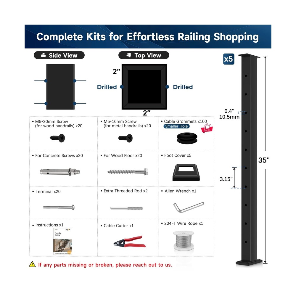 One-Stop Cable Railing Post Kit, 5 Pack Level Drilled Line Post 36", Fixed To...
