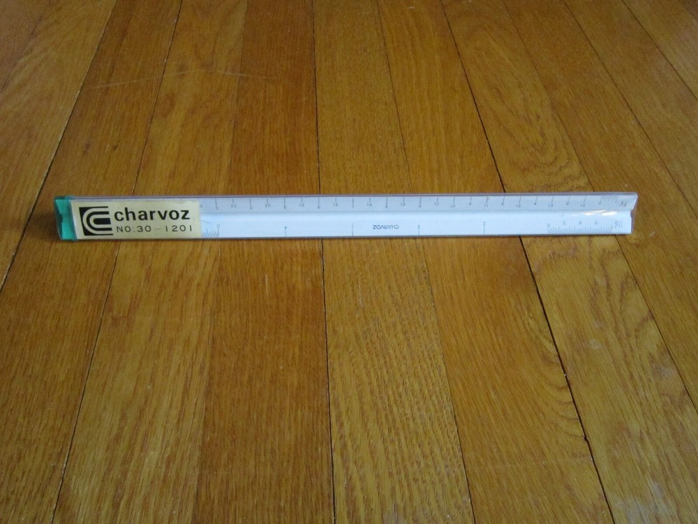 Vtg Charvoz 12" Architect Drafting Ruler 3 Sided Triangular Plastic 30-1201 Case