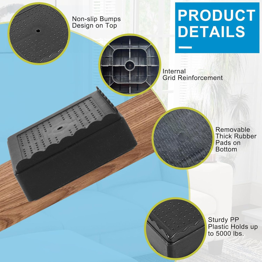 4 Pack Bed Risers 1" 2" 3" 4" Heavy Duty Adjustable Furniture Stackable Black