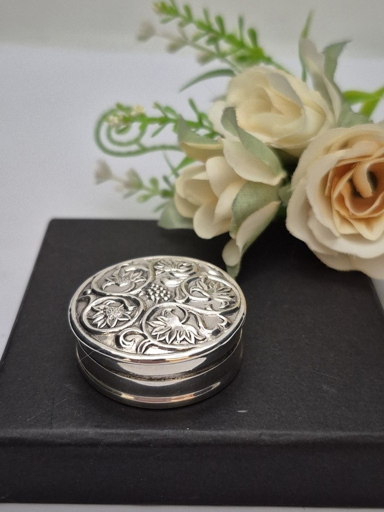PILLBOX - Sterling Silver Pill Box. Round Embossed Design. Hinged lid.