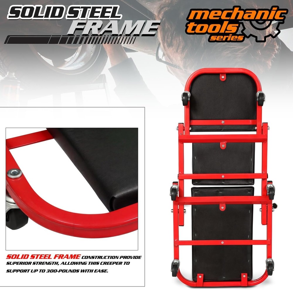 2-in-1 Rolling Creeper & Seat, 36", 330LBS Capacity, Red
