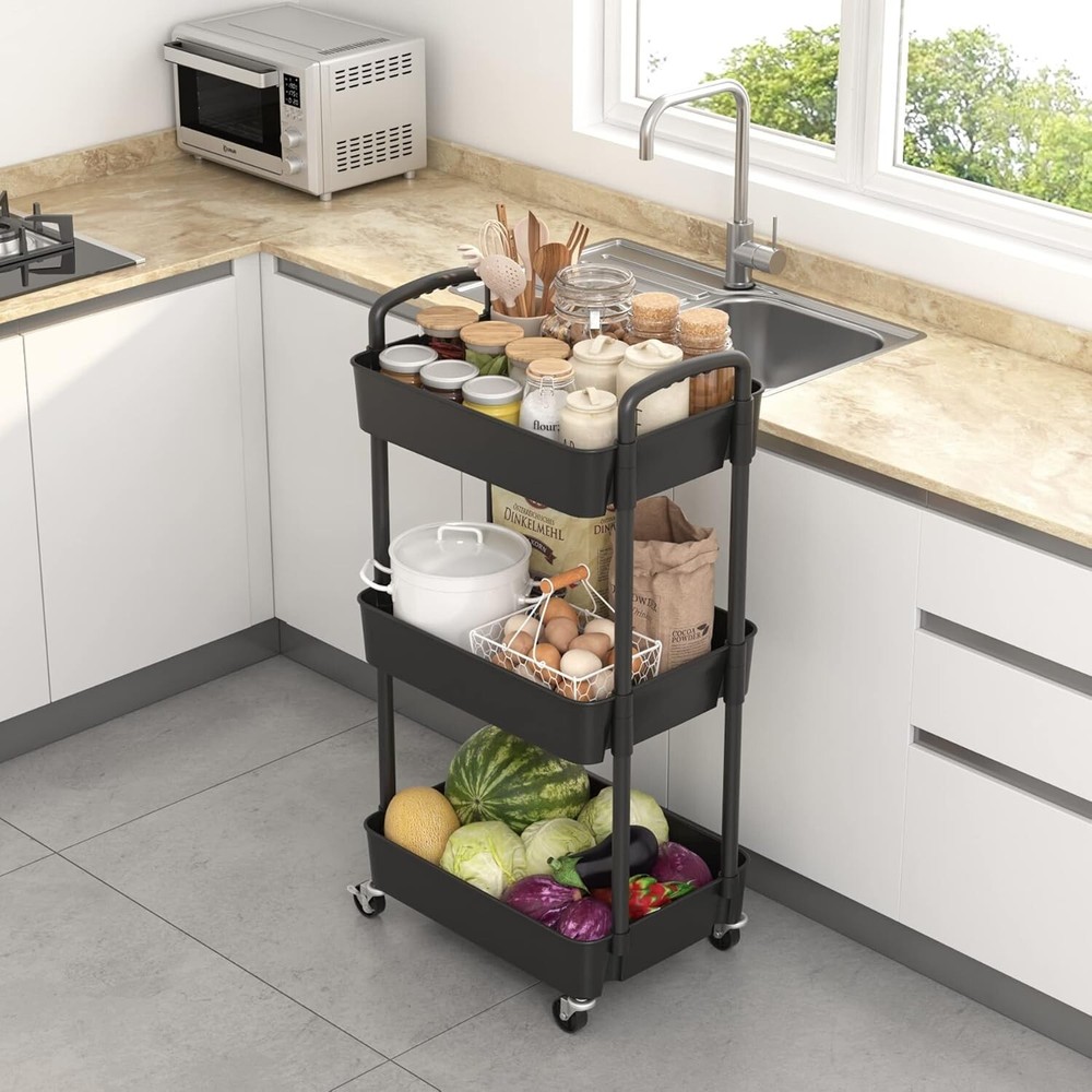 Trolley 3-Tier Rolling Utility Cart: Multi-Functional Storage for Office Kitchen
