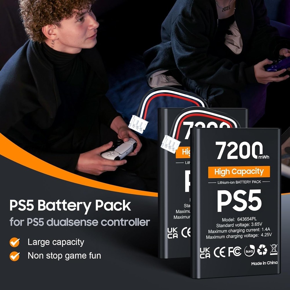 PS5 Controller Battery, High Capacity 2x7200mWh Rechargeable black