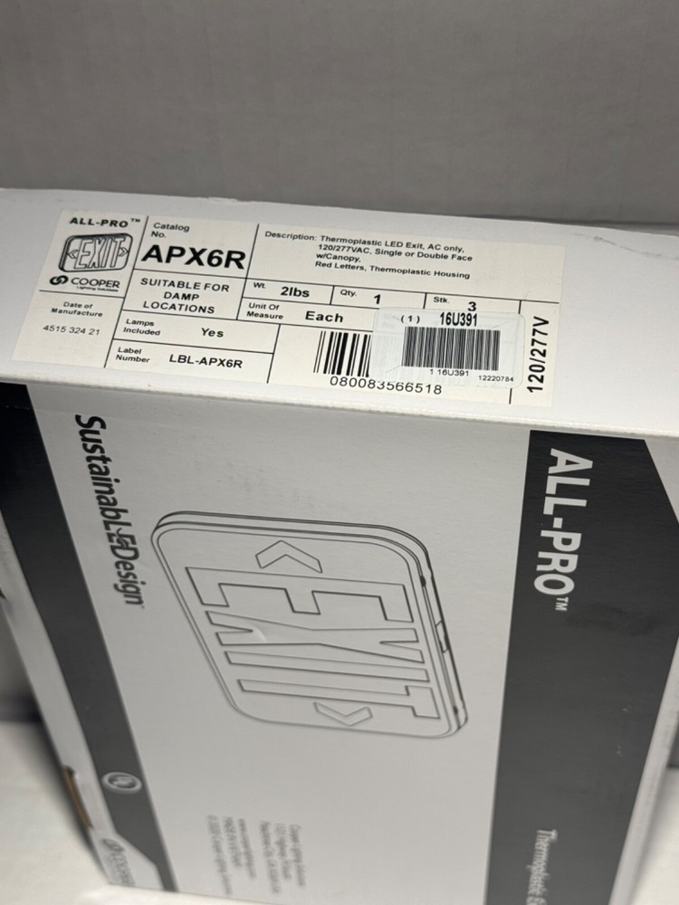 COOPER ALL-PRO THERMOPLASTIC LED EXIT SIGN LIGHT APX6R UNIVERSAL