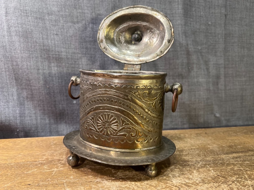 Antique Turkish Tea Coffee Container Caddy Footed Lidded Embossed Metalware