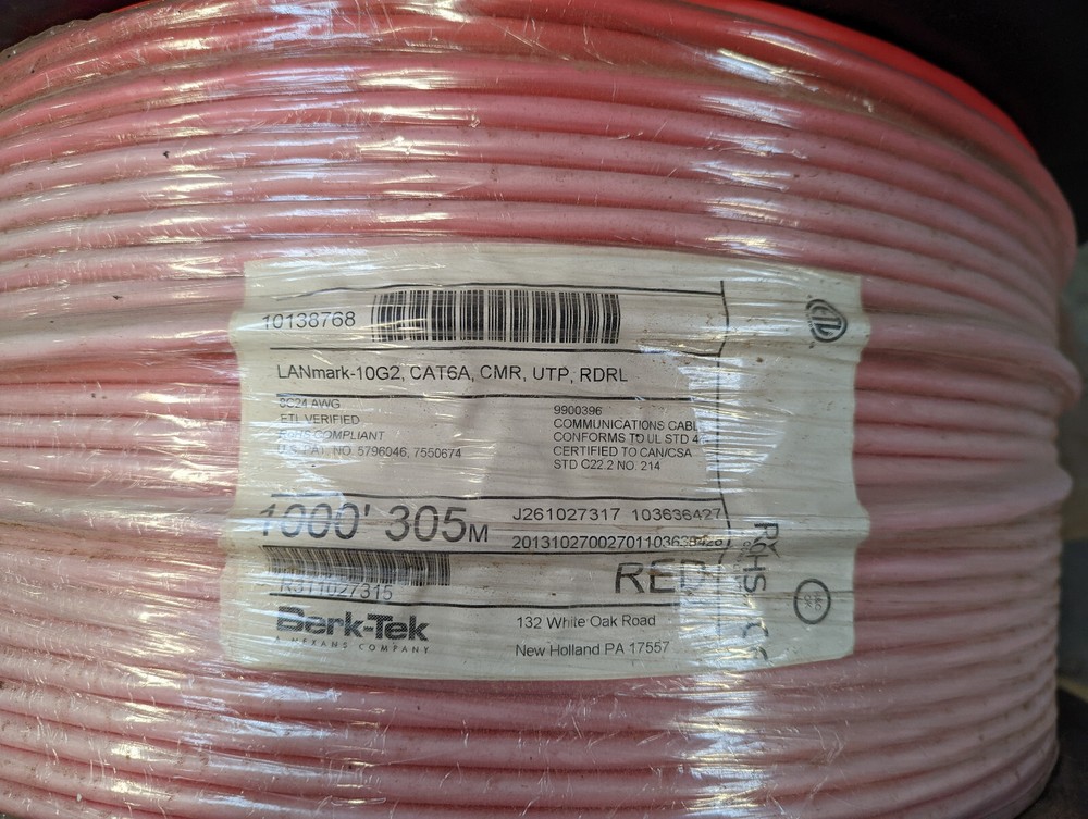 1000 ft Reels Berk-tek LANmark 10G2 Riser CAT6A,Red, CMR,UTP,RDRL Solid Copper