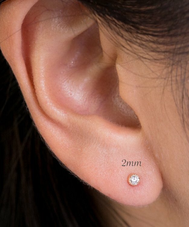 1 Genuine Diamond Tiny Stud Screw Back Earring in 14k Solid Yellow gold