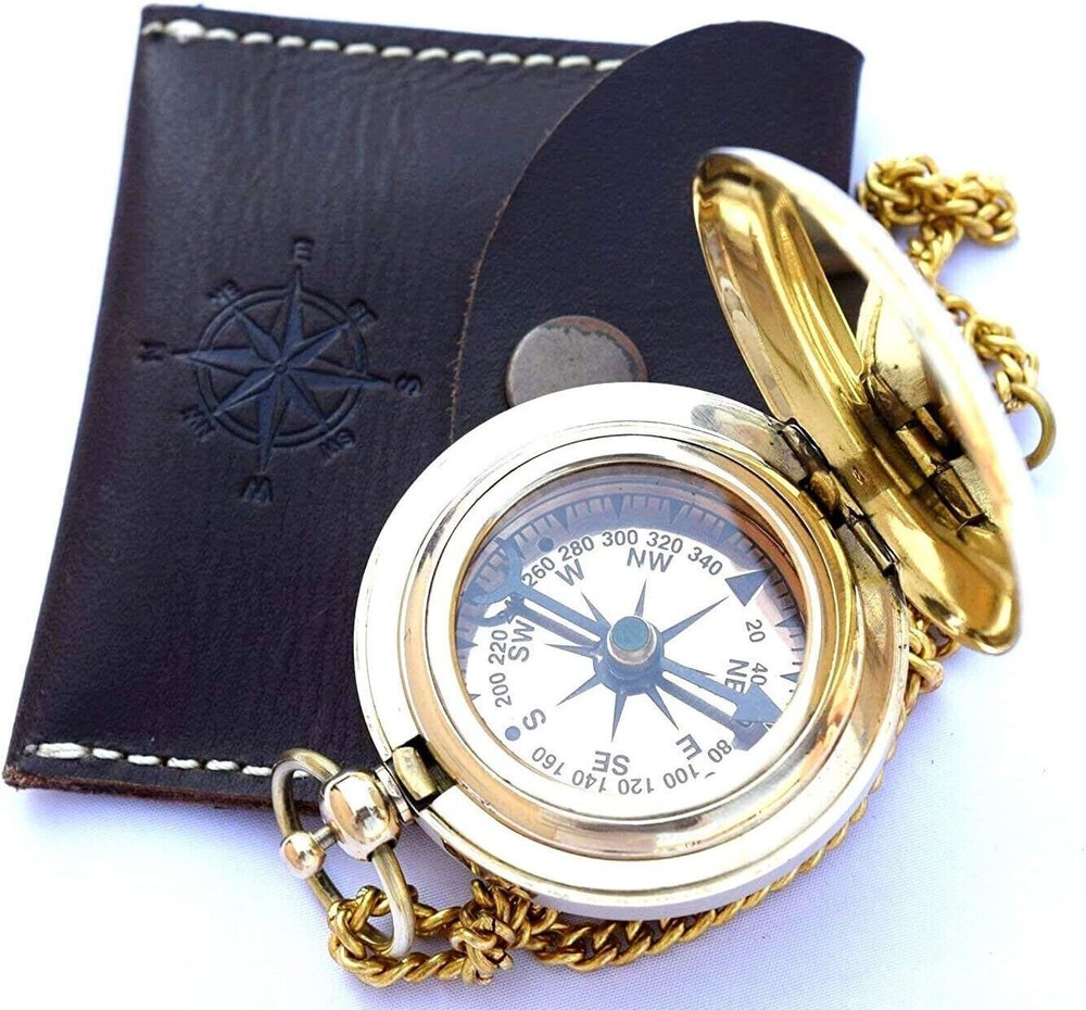 Brass Push Open Compass On Chain With Leather Case Pocket Handmade Compass Gift
