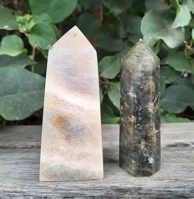 Moonstone Obelisk & Labradorite Generator Duo, Transformation, Inner Growth