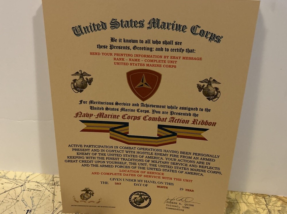U.S.M.C. / 3RD MARINE DIVISION - COMBAT ACTION RIBBON COMMEMORATIVE CERTIFICATE