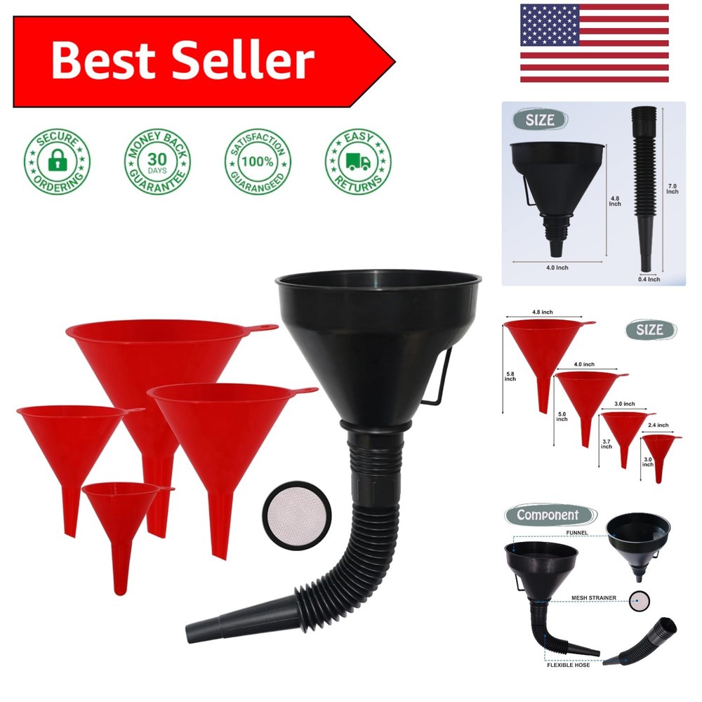 Large Flexible Automotive Funnel Set with Mesh Filter for Efficient Gas Transfer