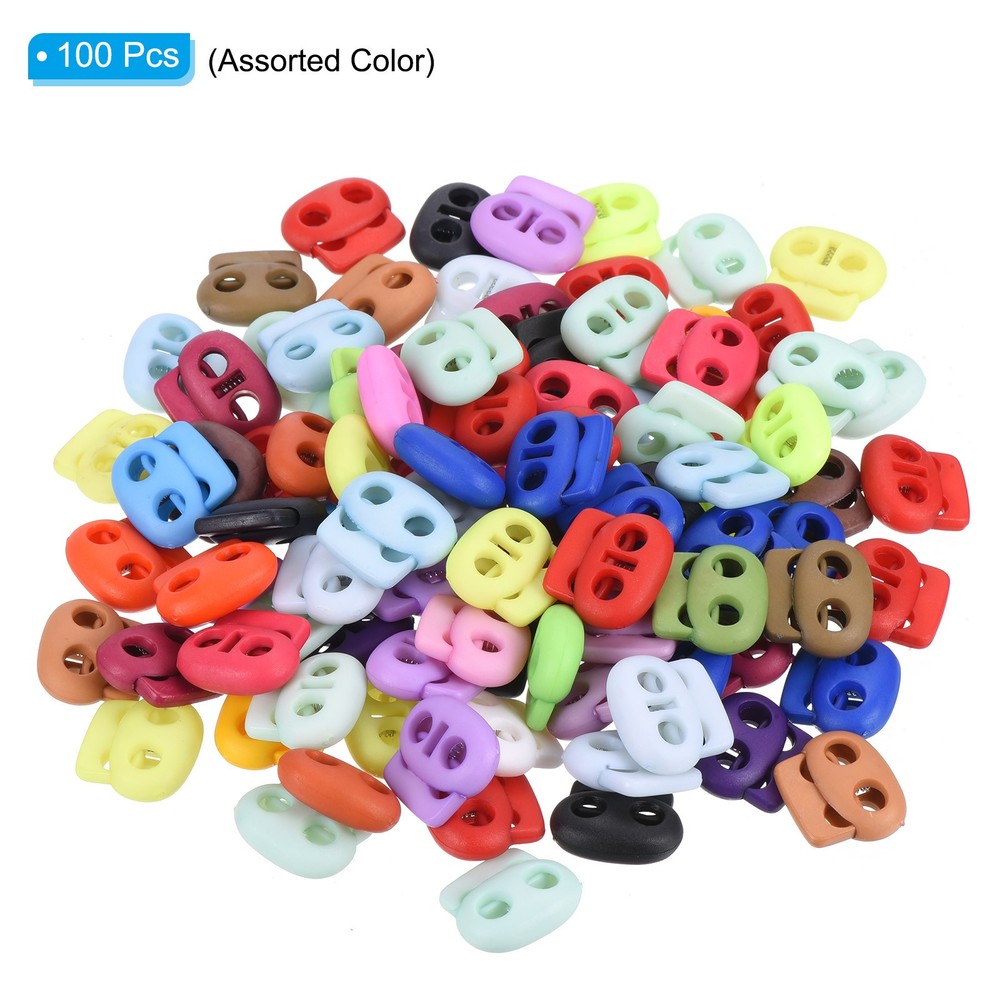 0.9x0.8" Cord Locks, 100 Pack Double Hole Spring End Toggle Stopper, Multicolor