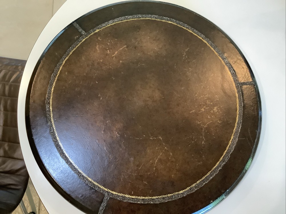 Vintage Tooled Leather Covered Table Top Or display Stand WOW