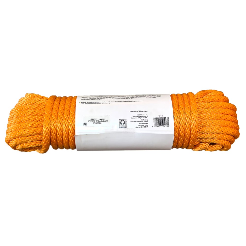 Hyper Tough 1/2 inch x 75 feet Orange Polypropylene Solid-Braid Rope