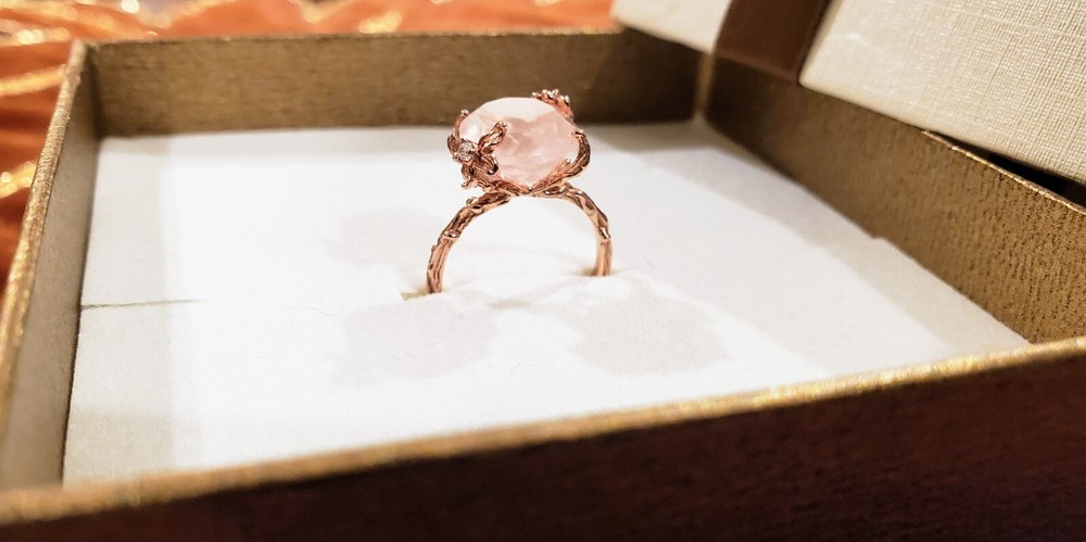 Unique Handcrafted Pink Moonstone Ring with Tiny Diamonds