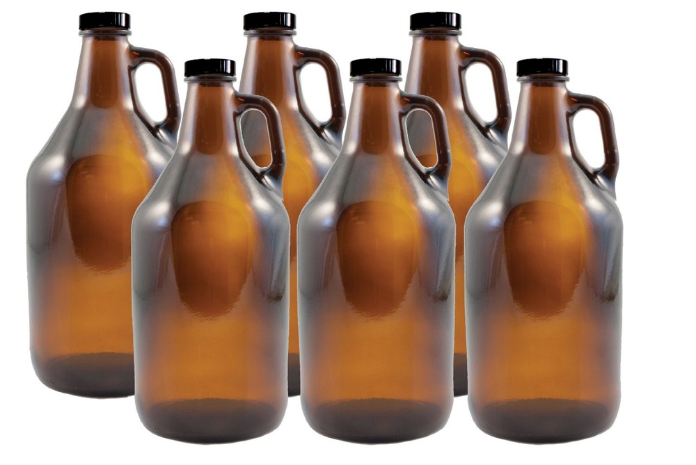 Set of 6 - 1/2 Gallon Amber Beer Growlers - Comes with 12 Extra Poly Seal Caps