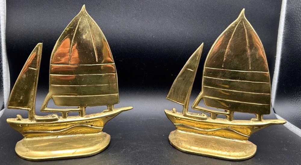 Solid Brass Sailboat Bookends Boat Set, Nautical Bookends Mid-Century