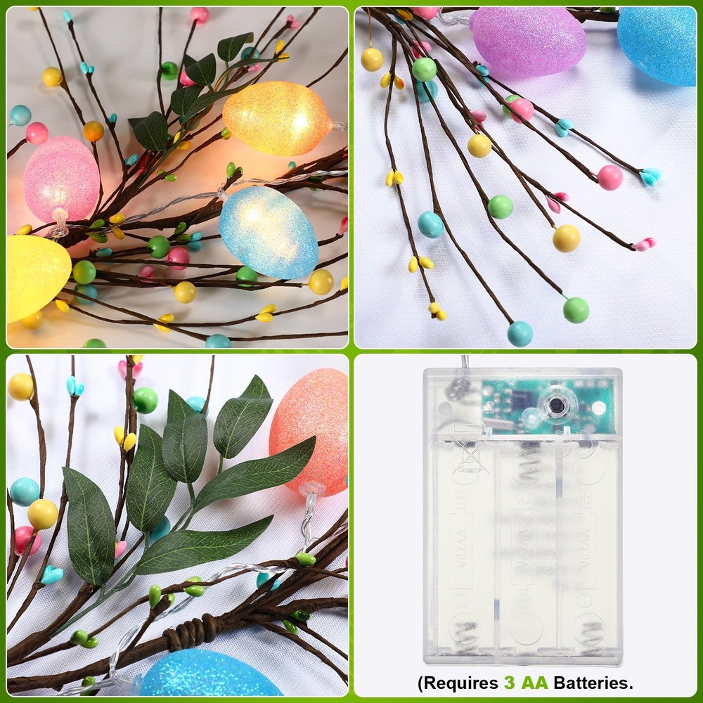 Lighted Easter Garland with 8 Lighting Modes, 15 LED Colorful Glitter Easter Egg