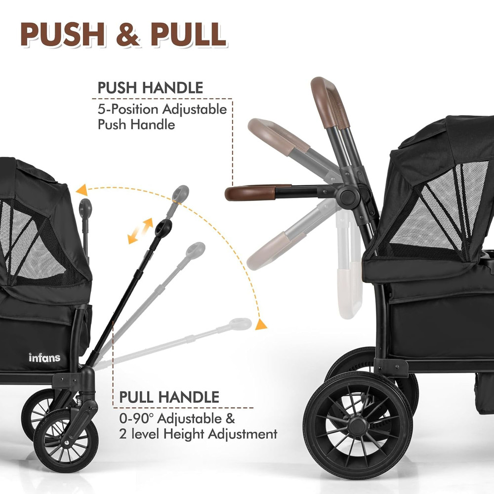 Wagon Stroller for 2 Kids, Collapsible Adjustable Push Pull Handle Bar, 2 Seater