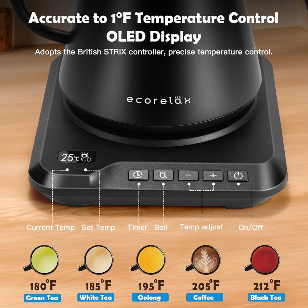 Gooseneck Electric Kettle, ±1℉ Temperature Control Pour over Kettle for Coffee,