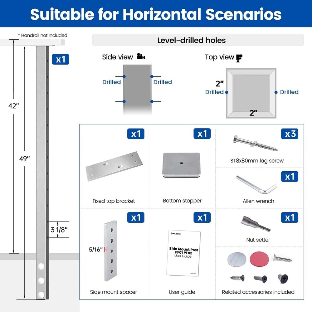 42" Side Mount Cable Railing Post Level Drilled Space-Saving Brushed Stainless