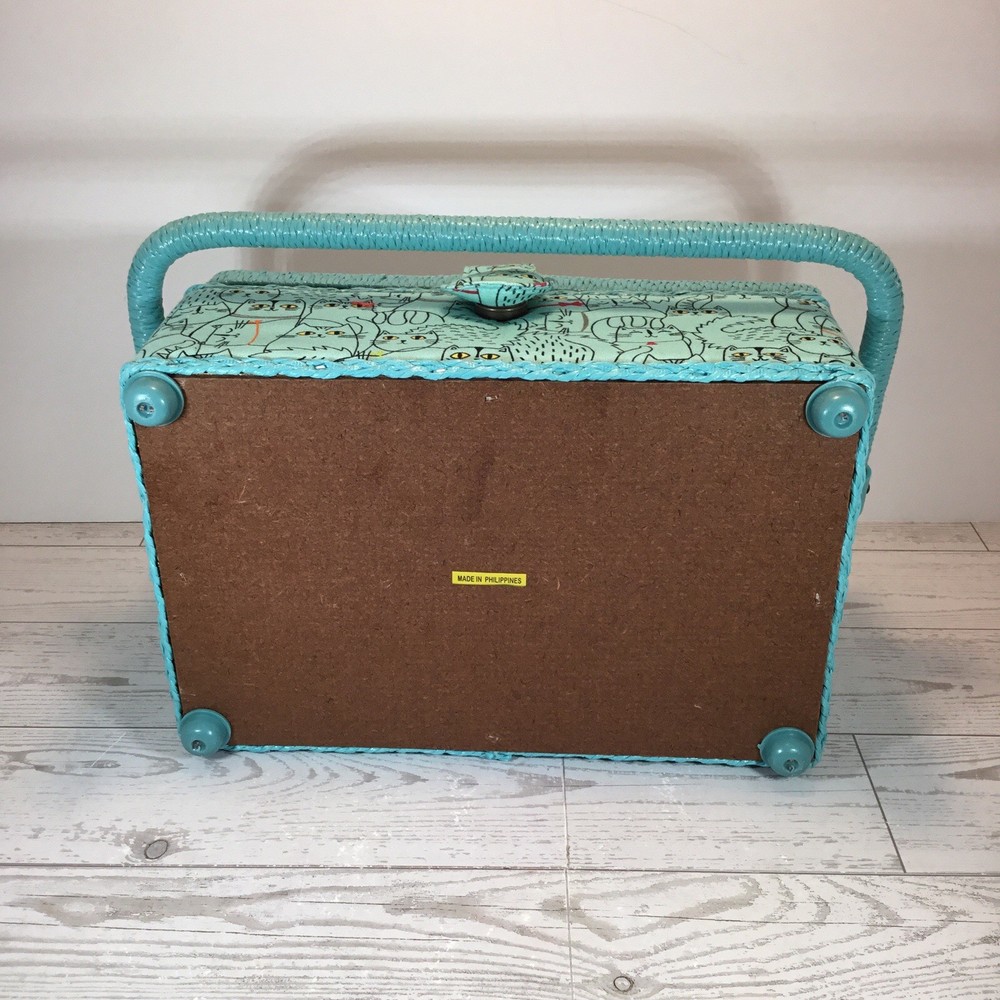 Sewing Box/Basket Light Blue With Cat Print