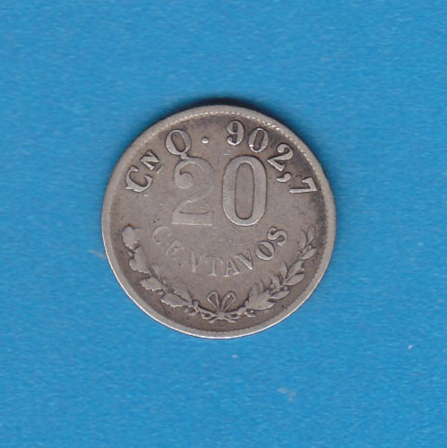 1902 Mexico Second Republic 20 Centavos Silver Coin