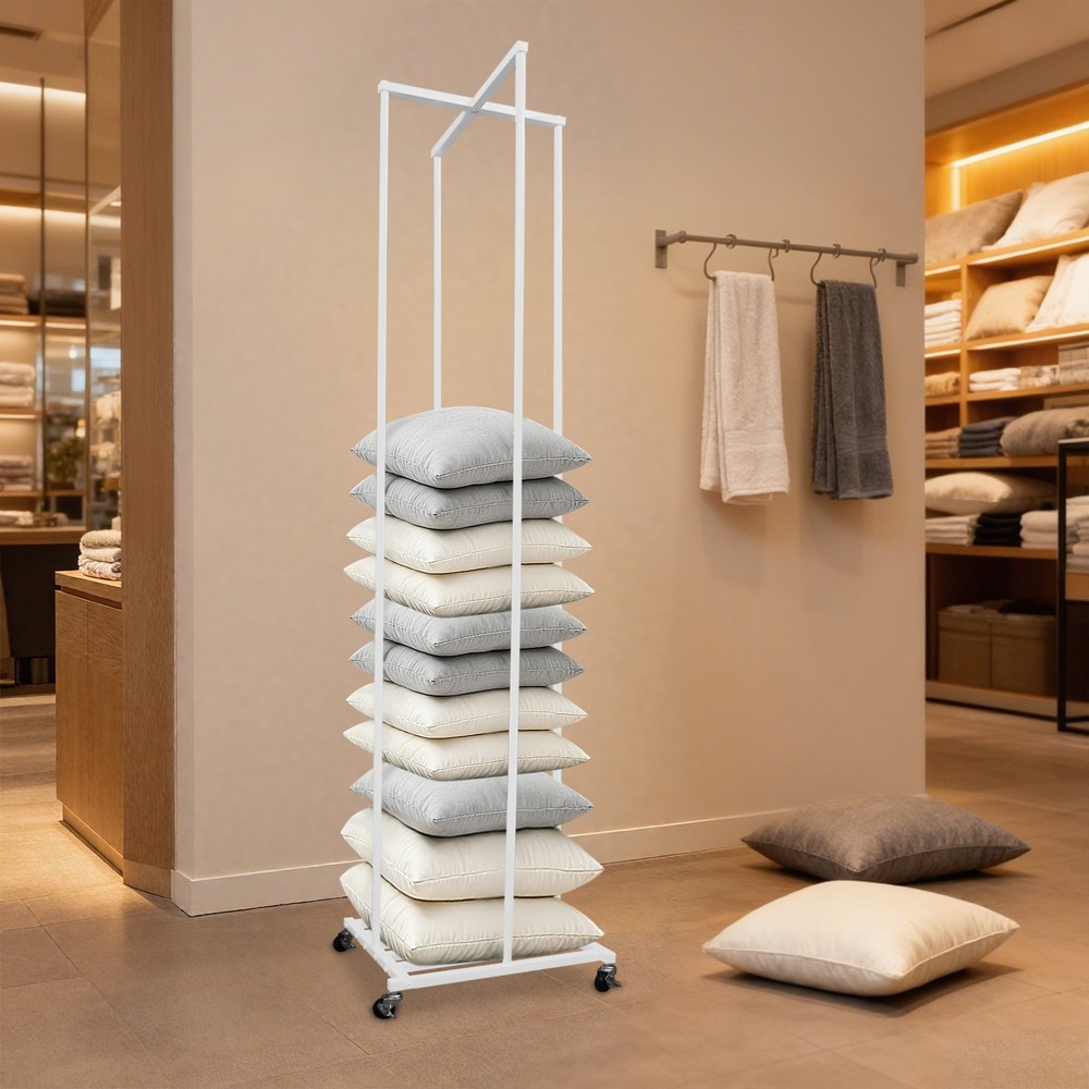 Rolling Pillow Storage Rack Organizer Adjustable Pillow Display Rack White New