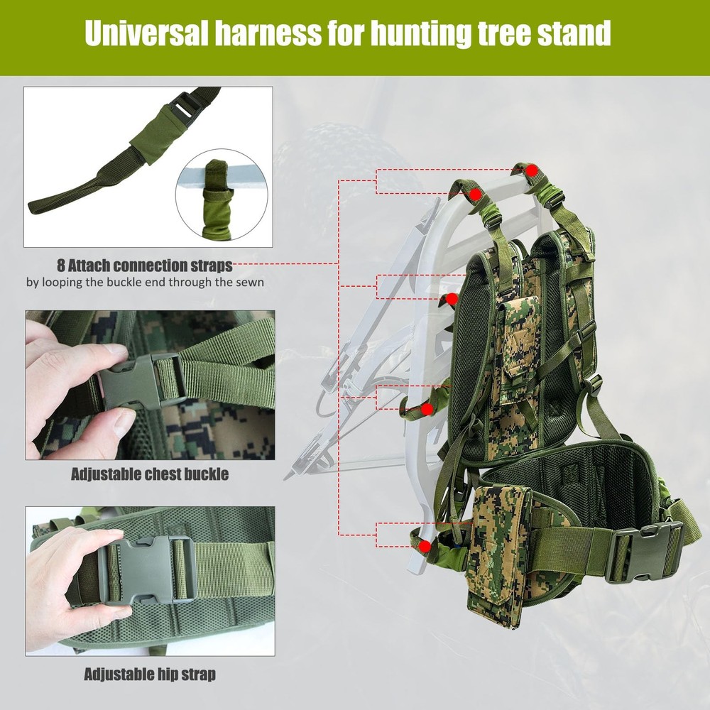 Tree Stand Carrier Backpack with Padded Straps, 8 Connection Points & 3 Pockets,