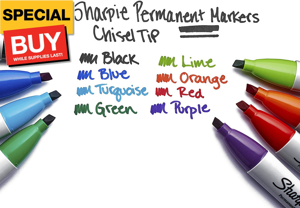 Permanent Markers, Chisel Tip, Black, 4 Count