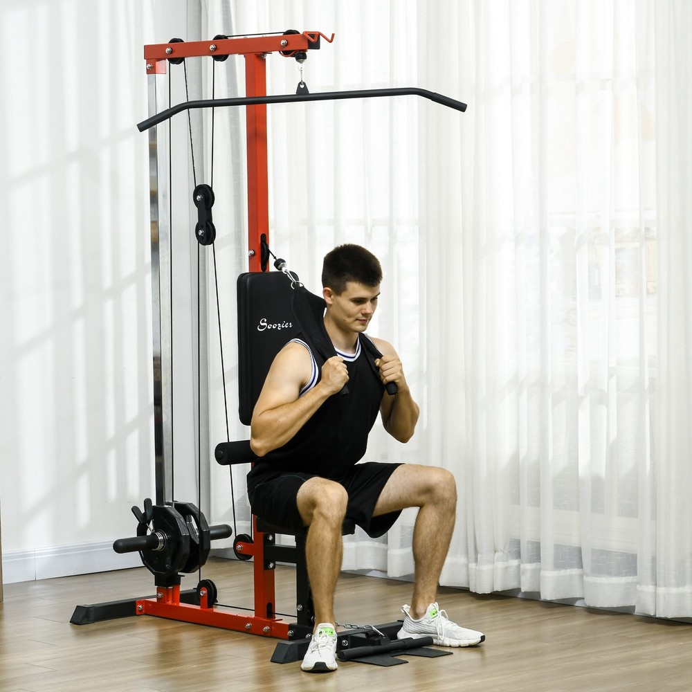 Soozier Lat Pull Down Machine Cable Station with Flip-Up Footplate, Red
