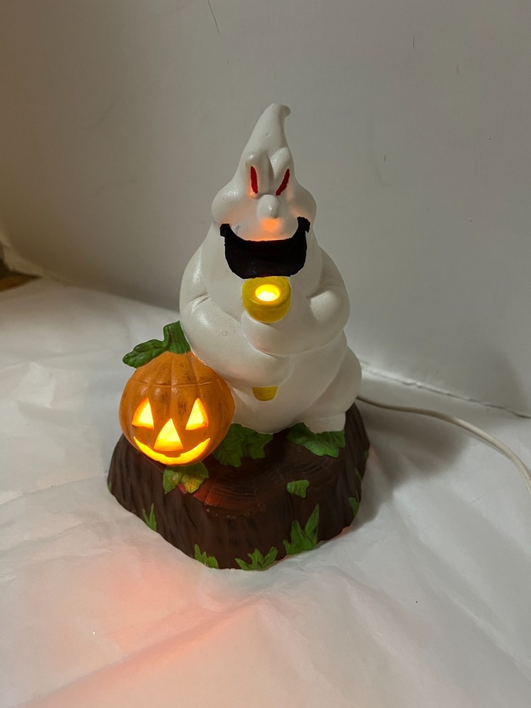 Vintage Ceramic Ghost Holding Flashlight With Pumpkin Halloween Decor