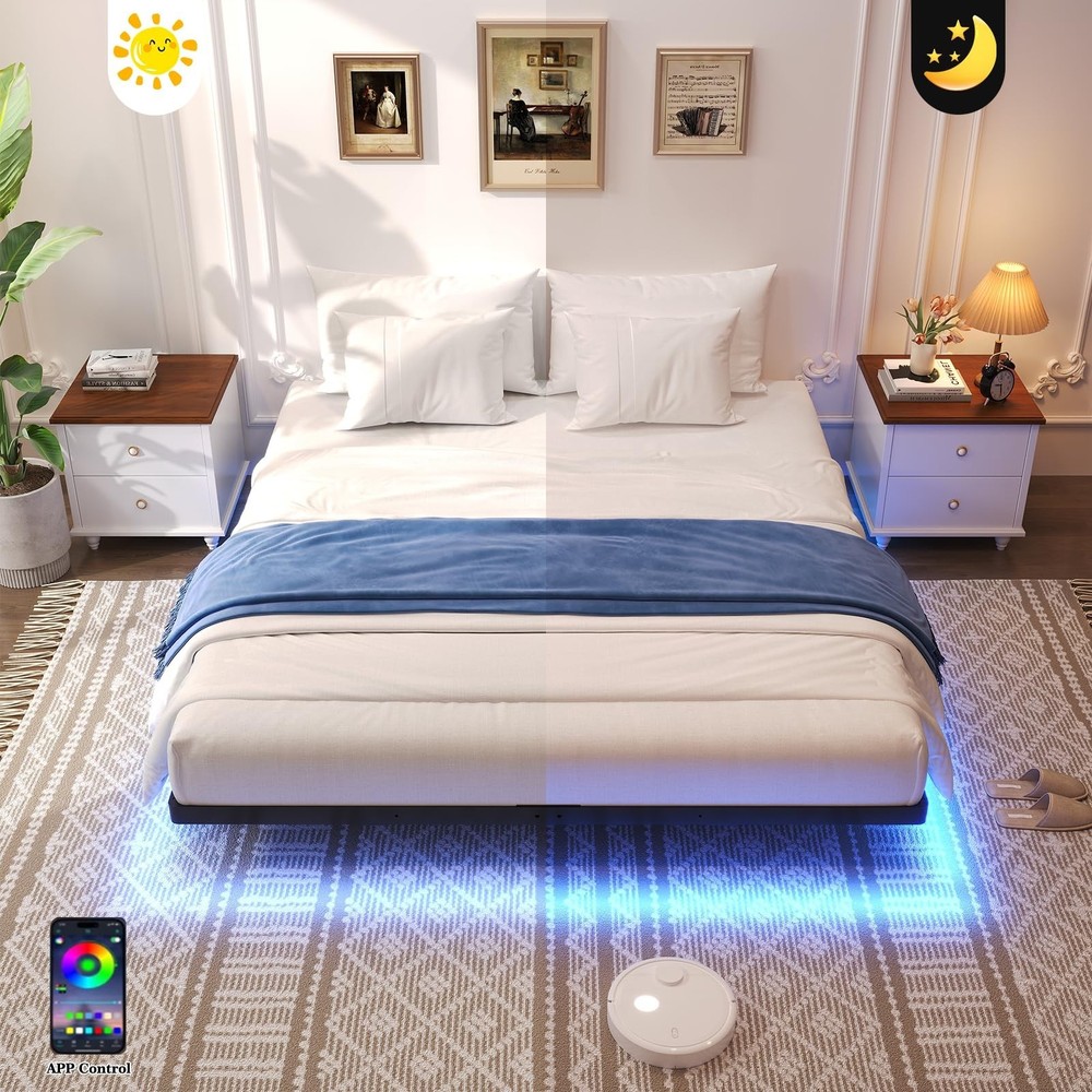 Floating Bed Frame Queen Size, Queen Bed Frame with Smart LED Lights, Heavy D...
