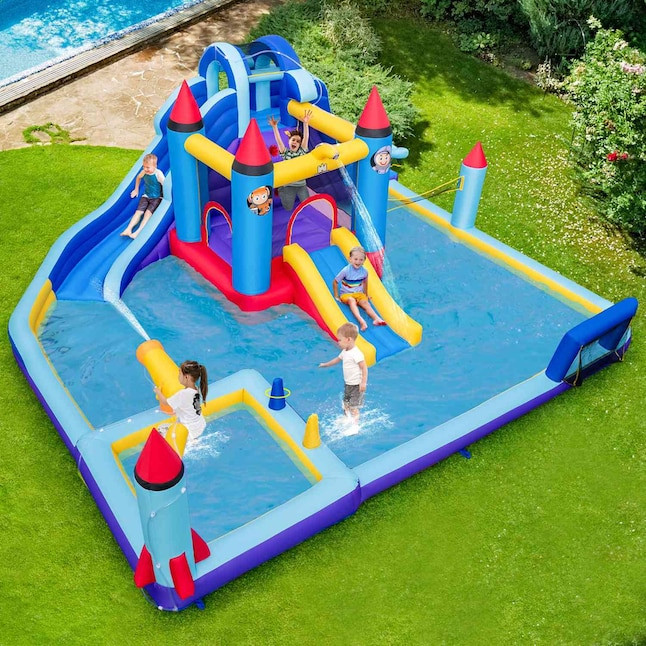 Costway Rocket Theme Inflatable Water Slide Park with 2 Slides Splash Pool