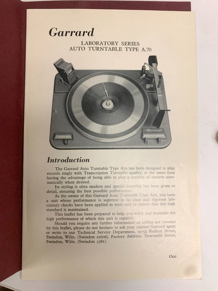 Garrard Type 70 Turntable Manual