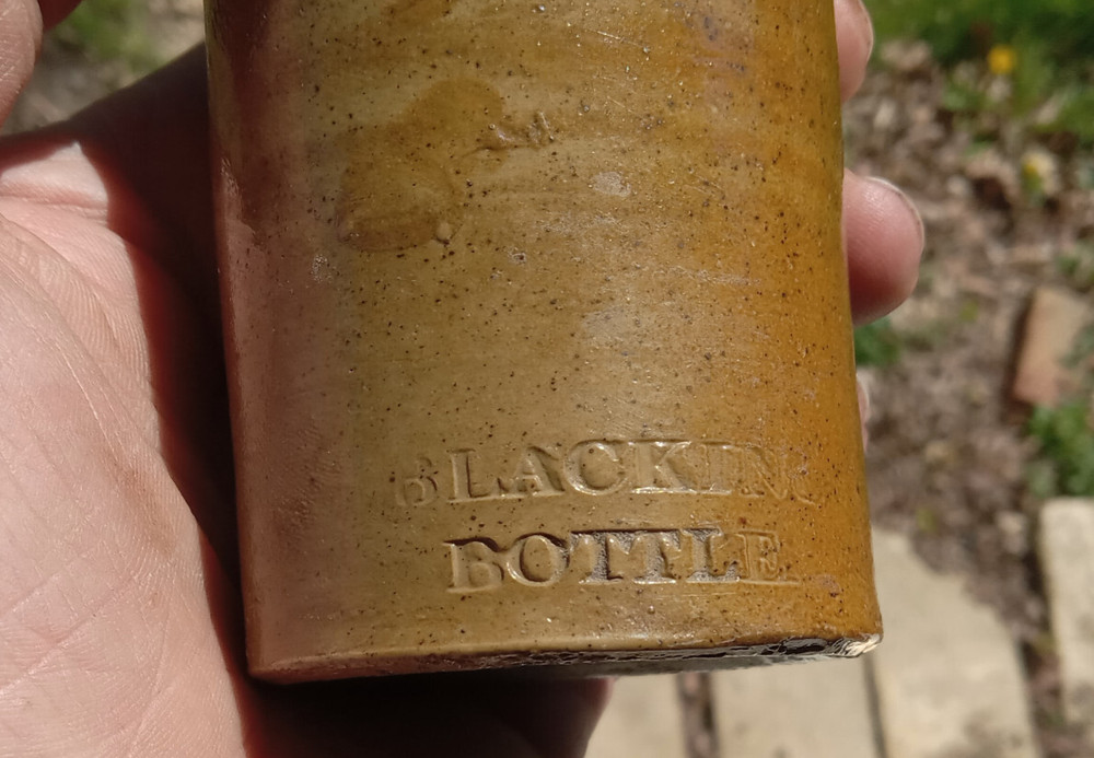 1870s BLACKING BOTTLE EMBOSSED STONEWARE WIDE MOUTH BOOT BLACKING BOTTLE