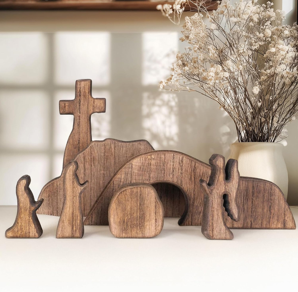 Empty Tomb Easter Scene and Cross Decoration, Wooden Easter Resurrection Scene C