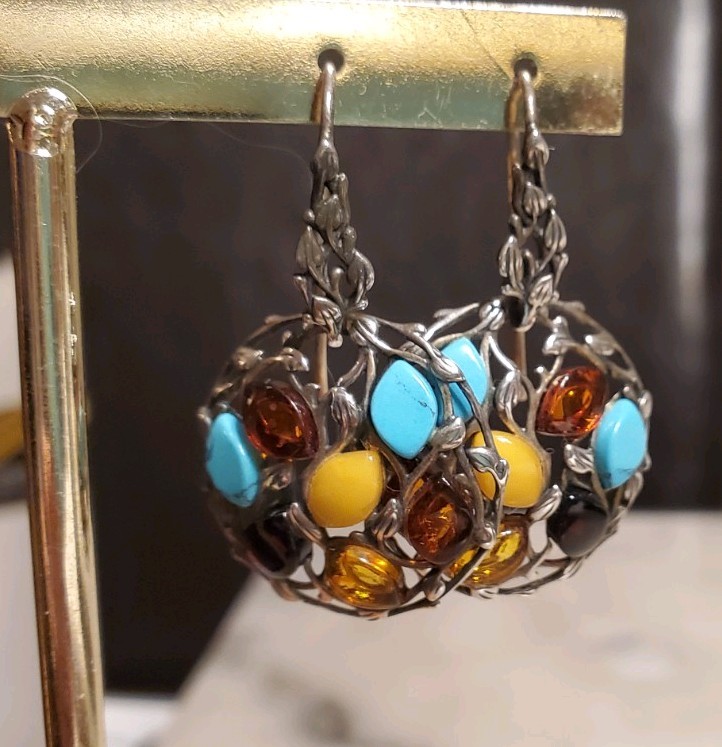 Vintage Handmade Sterling Silver Drop Dangle Stone Hook Earrings