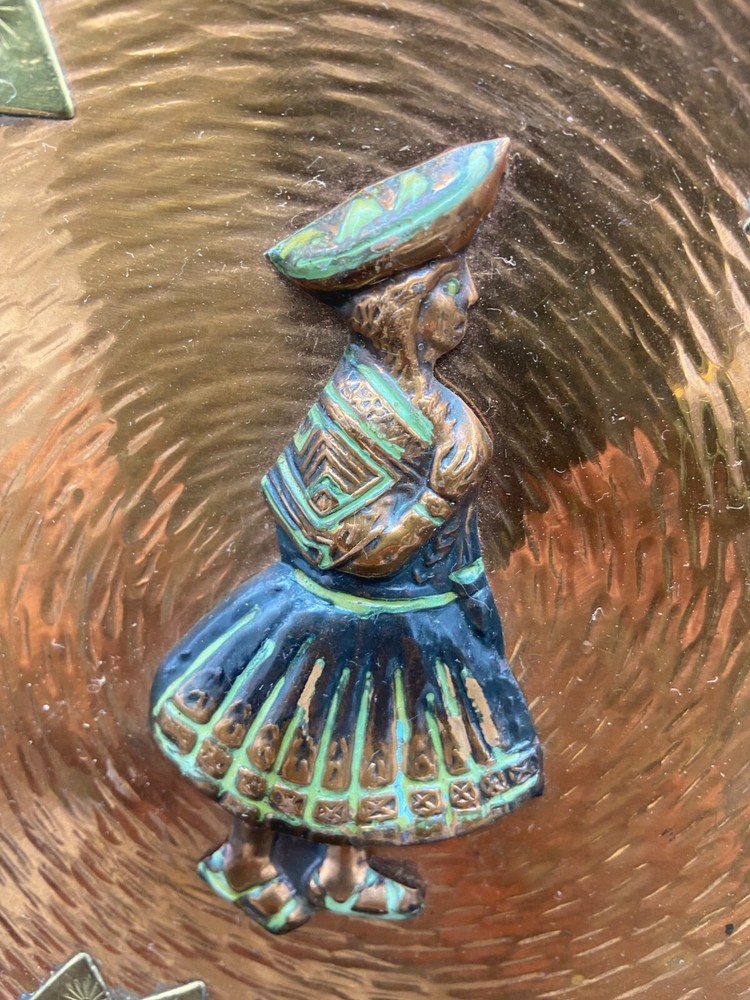 3 Peruvian Artisan Copper Decorated Colored Wall Plates