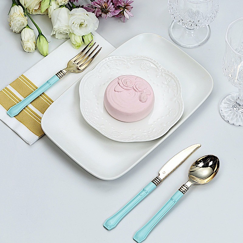 Metallic Gold Forks with Blue Handle Wedding Dinner Party Disposable Tableware