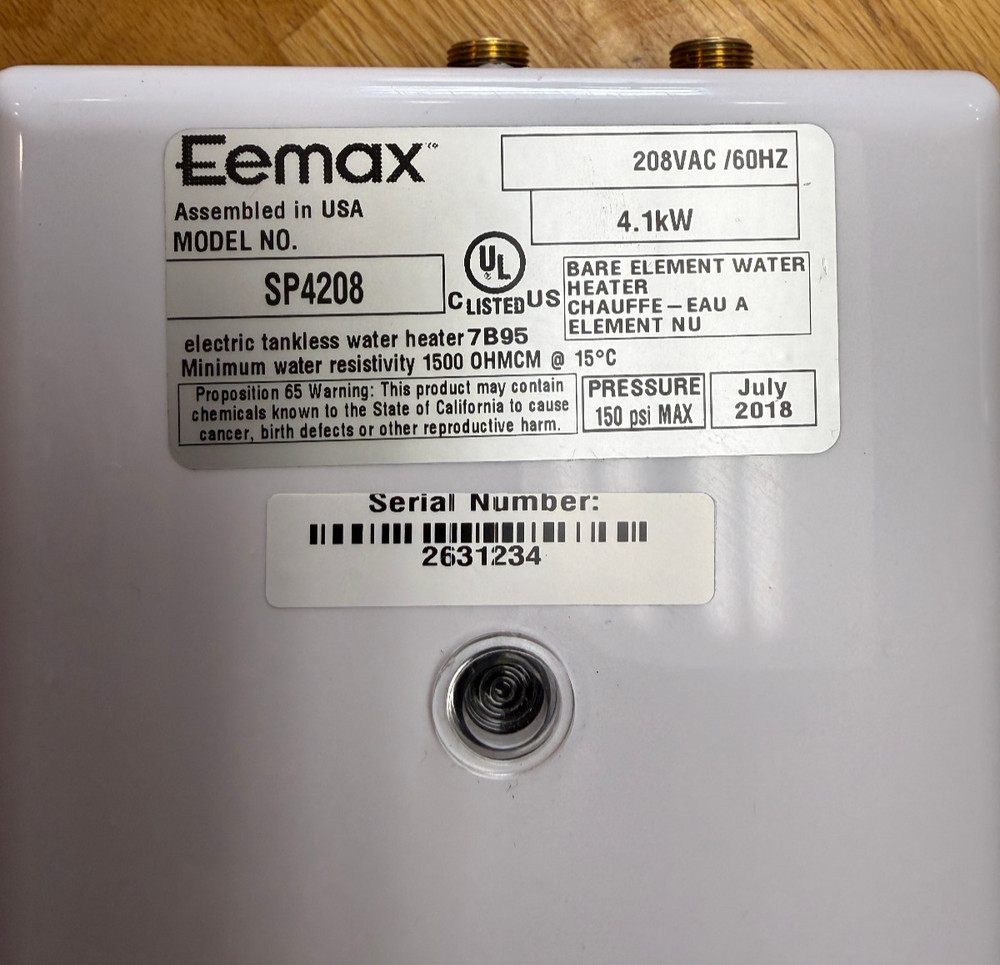 Eemax SP4208 Single Point Instantaneous Tankless Water Heater 208VAC 4.1kW