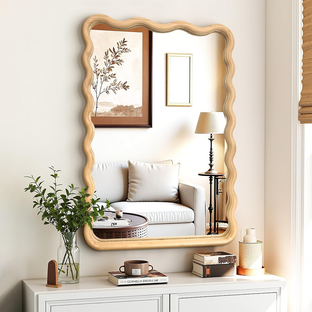 Boho Wavy Wood Wall Mirror 24"x36" - Large Decorative Full Length Mirror