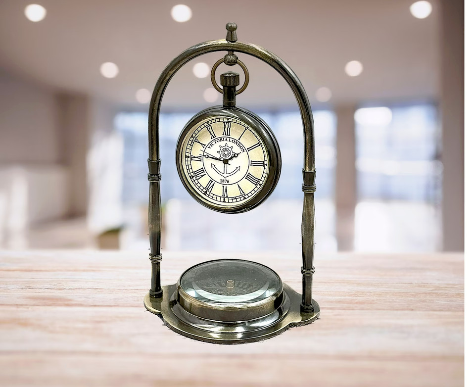Antique Brass Table Clock, Engraved Personalized desk watch Compass gift Desktop
