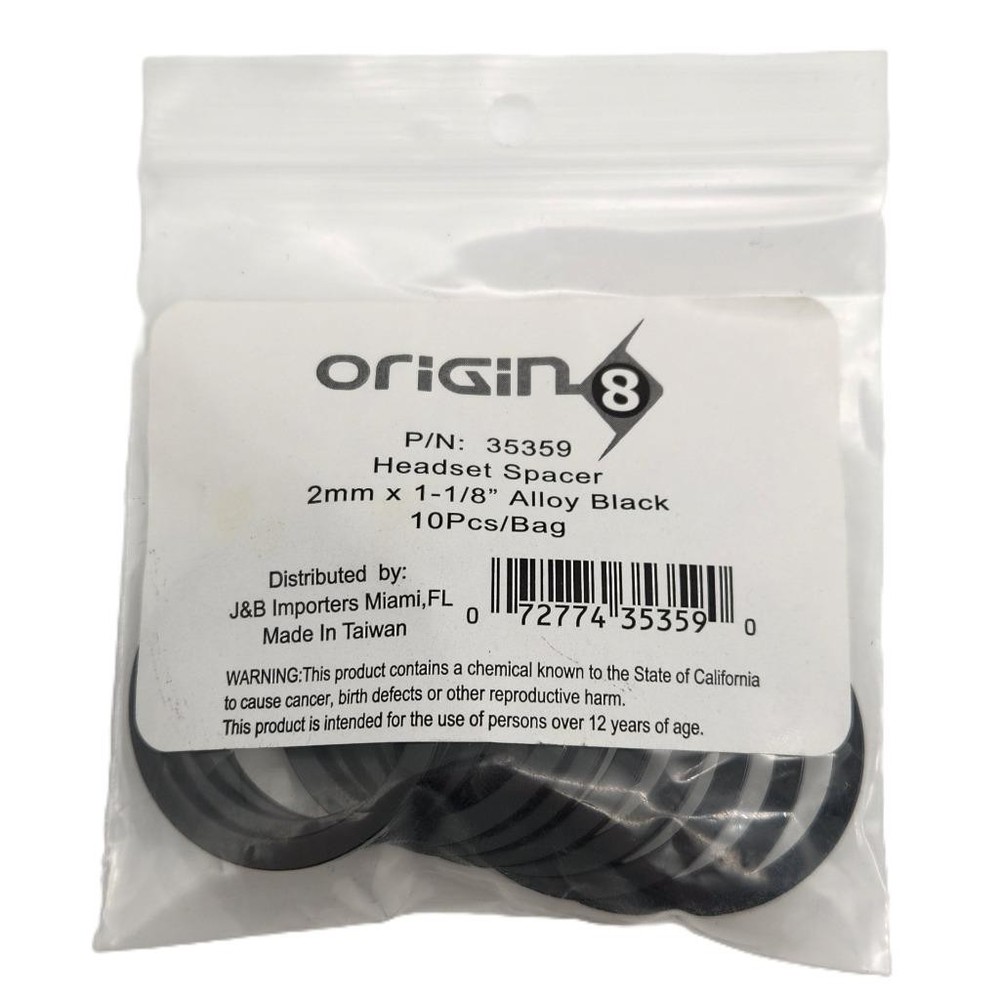 Origin8 2mm x 1-1/8" Bicycle Headset Spacers Alloy Black 10-Pack